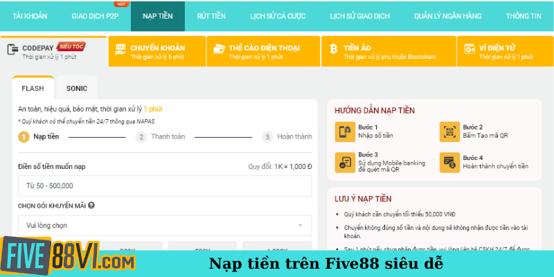 Nạp tiền trên Five88 siêu dễ